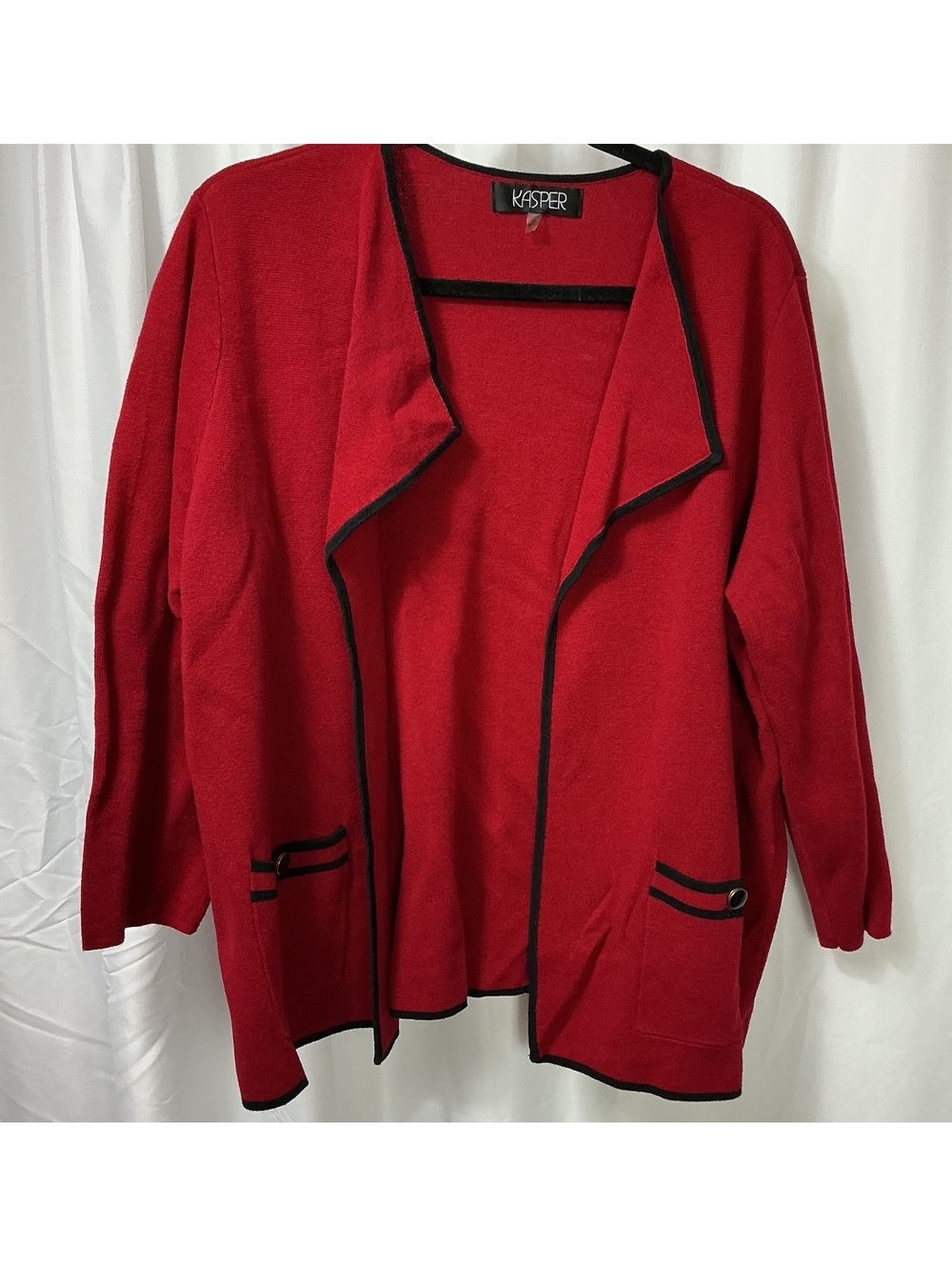 Kasper 3X Red Black Trim Open Front Cardigan Sweater Plus Size Knit Pockets
